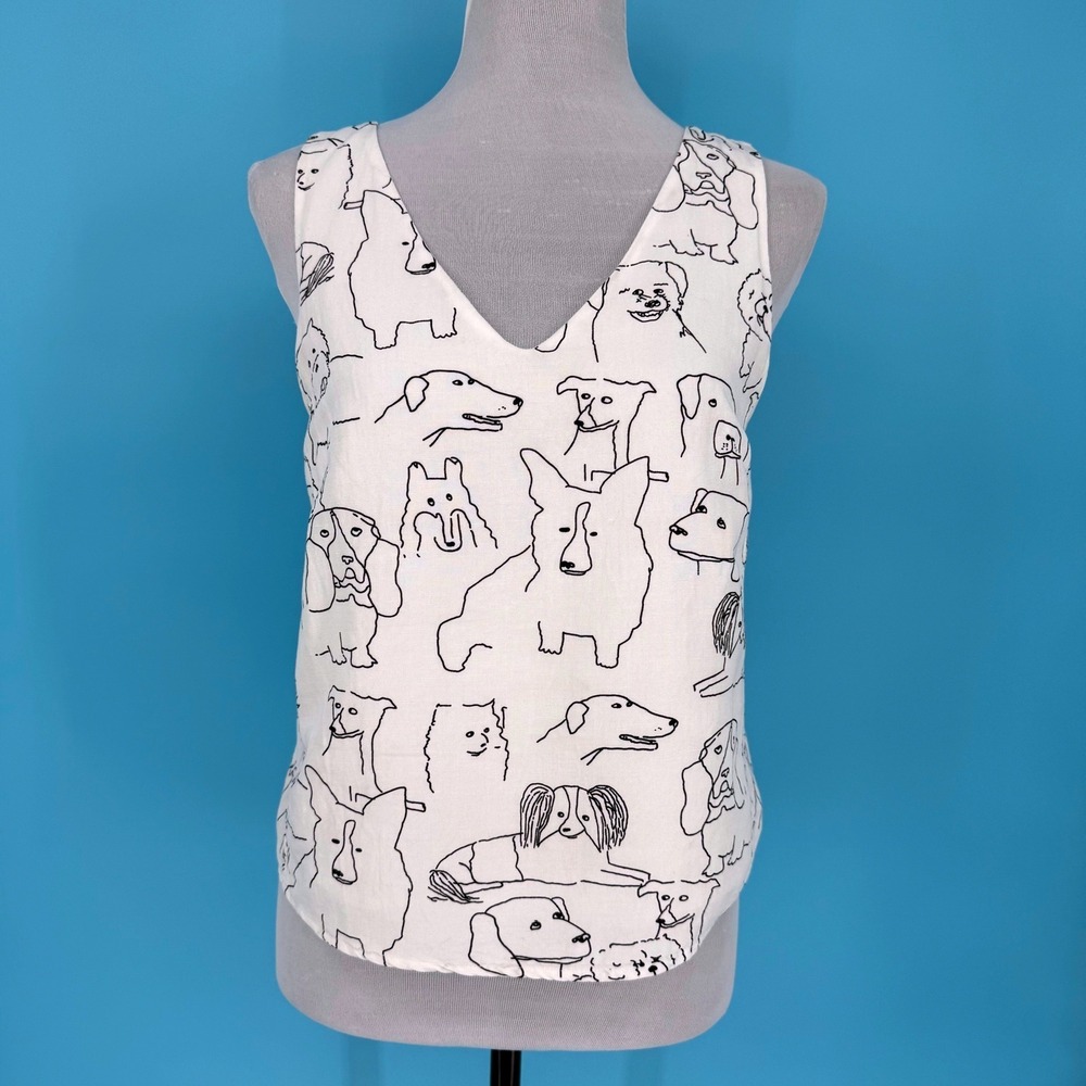 MOD-REF White Linen Blend Dog Print V-Neck Tank Top Small Dog Mom‎